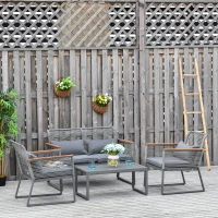 Outsunny 4pc Rattan Wicker Sofa Set Garden Conservatory Sofa Furniture w/ Steel Tea Table & Cushioned Grey(m-1)