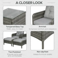 Outsunny 5 Pieces Wicker Patio Furniture Sofa Set Thick Padded Cushions, Outdoor PE Rattan Conversation Coffee Set with Armchairs, Footstools and Glass Top Table, Light Grey(m-6)