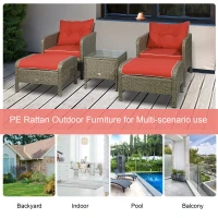 Outsunny 5 Pieces Wicker Patio Furniture Sofa Set Thick Padded Cushions, Outdoor PE Rattan Conversation Coffee Set with Armchairs, Footstools and Glass Top Table, Red(m-7)