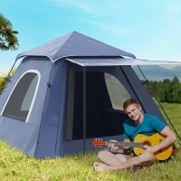 Outsunny 3-4 Person Automatic Camping Tent w/ Porch, Pop Up Tent, Portable Backpacking Shelter with Mesh Windows, Zipped Door, Floor, Hang Hook & Portable Carry Bag, Dark Blue(m-2)