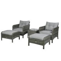 Outsunny 5 Pieces Wicker Patio Furniture Sofa Set Thick Padded Cushions, Outdoor PE Rattan Conversation Coffee Set with Armchairs, Footstools and Glass Top Table, Light Grey(m-7)