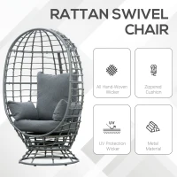 Outsunny Wicker Egg Chair, 360 Rotating Indoor Outdoor Boho Basket Seat with Cushion and Pillows for Backyard, Porch, Patio, Garden, Handwoven All-Weather PE Rattan, Steel Frame, Gray(m-6)