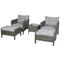 Outsunny 5 Pieces Wicker Patio Furniture Sofa Set Thick Padded Cushions, Outdoor PE Rattan Conversation Coffee Set with Armchairs, Footstools and Glass Top Table, Light Grey(m-2)