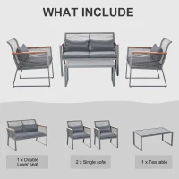 Outsunny 4pc Rattan Wicker Sofa Set Garden Conservatory Sofa Furniture w/ Steel Tea Table & Cushioned Grey(m-5)
