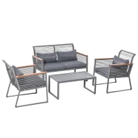 Outsunny 4pc Rattan Wicker Sofa Set Garden Conservatory Sofa Furniture w/ Steel Tea Table & Cushioned Grey(m-2)