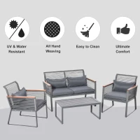 Outsunny 4pc Rattan Wicker Sofa Set Garden Conservatory Sofa Furniture w/ Steel Tea Table & Cushioned Grey(m-7)