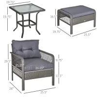 Outsunny 5 Pieces Wicker Patio Furniture Set with 4" Thick Cushions, Outdoor PE Rattan Conversation Set Bistro Set with Armchairs and Ottomans, Glass Top Table, Grey(m-3)