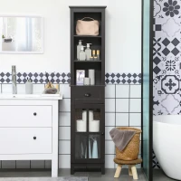 kleankin Slim Bathroom Storage Cabinet Door & Shelves Linen Tower, Brown(m-7)