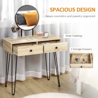 HOMCOM Vanity Table, Makeup Vanity Table with Round Mirror, 2 Drawers, Modern Dressing Table for Bedroom, Oak(m-4)