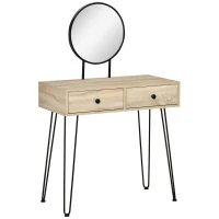 HOMCOM Vanity Table, Makeup Vanity Table with Round Mirror, 2 Drawers, Modern Dressing Table for Bedroom, Oak(m-2)