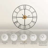 HOMCOM 36 Inch Large Wall Clock, Silent Non Ticking Wood Metal Farmhouse Roman Numeral Clocks for Living Room Decor, Battery Operated, Black(m-5)
