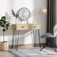 HOMCOM Vanity Table, Makeup Vanity Table with Round Mirror, 2 Drawers, Modern Dressing Table for Bedroom, Oak(m-1)