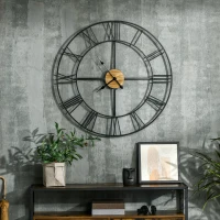 HOMCOM 36 Inch Large Wall Clock, Silent Non Ticking Wood Metal Farmhouse Roman Numeral Clocks for Living Room Decor, Battery Operated, Black(m-2)