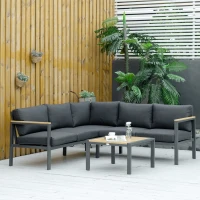 Outsunny 4 Piece Patio Furniture Set, Outdoor L-Shaped Sectional Sofa with 2 Loveseats, 1 Couch Corner, Outside Conversation Set with Dining Table, Cushions, Gray(m-2)