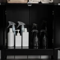 kleankin Bathroom Floor Cabinet with 2 Storage Cabinets, Tempered Glass Door, Freestanding Linen Tower with Adjustable Shelves for Living Room, Black(m-8)