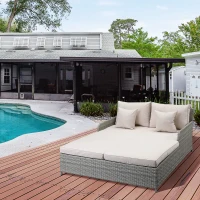 Outsunny Patio Rattan Double Lounge Daybed, Outdoor Wicker Armrests Chaise Lounge for 2-Person with Cushion & Pillow, Beige(m-1)