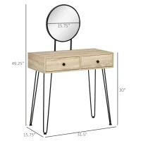 HOMCOM Vanity Table, Makeup Vanity Table with Round Mirror, 2 Drawers, Modern Dressing Table for Bedroom, Oak(m-3)