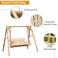 Outsunny 2-Seat Wooden Swing Bench, Ergonomic Design, 'A' Frame Construction, Stable and Non-Slip, Solid Wood Frame Log Garden Swing, for Outdoor and Indoor, Natural Wood(m-4)