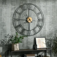 HOMCOM 36 Inch Large Wall Clock, Silent Non Ticking Wood Metal Farmhouse Roman Numeral Clocks for Living Room Decor, Battery Operated, Black(m-6)