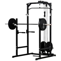 Soozier Power Cage, Power Rack with LAT Pulldown Attachment, Pull-up Bar, T Bar Row Landmine and Dip Handle, Strength Training Workout Station, for Home Gym, 800lbs Capacity(m-2)