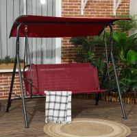 Outsunny 3-Person Porch Swing with Stand, Outdoor Swing for Patio Porch with Adjustable Tilt Canopy and Comfortable Swing Bench-Style Seat, Steel Frame, Wine Red(m-2)
