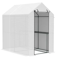Outsunny 73" x 47" x 75" Walk-in Greenhouse Outdoor Portable Plant Flower Growth Warm House Garden Tunnel Shed w/ Roll-up Door and 2 Shelves White(m-2)