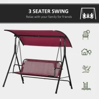 Outsunny 3-Person Porch Swing with Stand, Outdoor Swing for Patio Porch with Adjustable Tilt Canopy and Comfortable Swing Bench-Style Seat, Steel Frame, Wine Red(m-6)