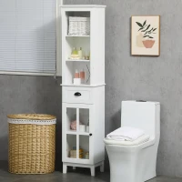 kleankin Slim Bathroom Storage Cabinet Door & Shelves Linen Tower, White(m-2)