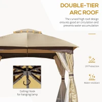 Outsunny 11' x 11' Steel Gazebo Canopy Party Tent Shelter with Double Roof, Netting Sidewalls, Corner Curtains, Beige(m-4)