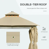 Outsunny 13' x 10' Outdoor Patio Gazebo Canopy with LED Solar Light, Double Tier Roof, Curtains, Steel Frame, Khaki(m-4)