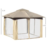 Outsunny 11' x 11' Steel Gazebo Canopy Party Tent Shelter with Double Roof, Netting Sidewalls, Corner Curtains, Beige(m-3)