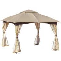 Outsunny 11' x 11' Steel Gazebo Canopy Party Tent Shelter with Double Roof, Netting Sidewalls, Corner Curtains, Beige(m-2)