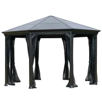 Outsunny 15' x 15' Polycarbonate Hardtop Gazebo Canopy Octagonal Heavy Duty Outdoor Pavilion, Netting Sidewalls, Brown(m-2)