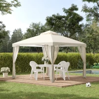 Outsunny 10' x 10' Patio Gazebo Outdoor Pavilion 2 Tire Roof Canopy Shelter Garden Event Party Tent Yard Sun Shade Steel Frame w/ Mosquito Netting Cream White(m-1)