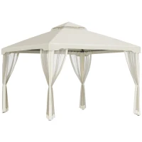 Outsunny 10' x 10' Patio Gazebo Outdoor Pavilion 2 Tire Roof Canopy Shelter Garden Event Party Tent Yard Sun Shade Steel Frame w/ Mosquito Netting Cream White(m-2)