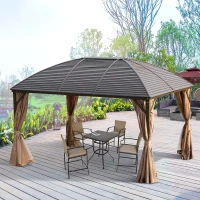 Outsunny 10' x 13' Hardtop Gazebo Aluminum Outdoor Canopy with Mesh Nettings, Practical Curtains, Arc Roof & Roomy Interior Space, Brown(m-1)