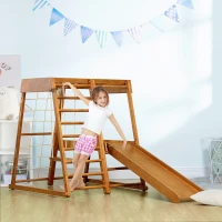 Qaba 6-in-1 Indoor Jungle Gym Playground with Slide, Climbing Wall, Rope Climber, Monkey Bars, Swing, Toddler Climbing Toys for 3-10 Years Old, Wood(m-2)