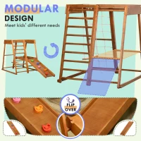 Qaba 6-in-1 Indoor Jungle Gym Playground with Slide, Climbing Wall, Rope Climber, Monkey Bars, Swing, Toddler Climbing Toys for 3-10 Years Old, Wood(m-5)