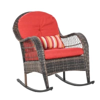 Outsunny Outdoor Rocking Chair with Seat and Back Cushion, Outdoor PE Rattan Garden Chair with Curved Armrests, for Porch, Backyard, Poolside, Red(m-2)
