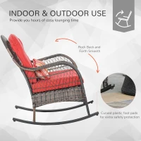 Outsunny Outdoor Rocking Chair with Seat and Back Cushion, Outdoor PE Rattan Garden Chair with Curved Armrests, for Porch, Backyard, Poolside, Red(m-5)