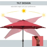Outsunny 9ft Solar Patio Umbrella Outdoor Sunshade 24 LED Lights Tilt Canopy, Wine Red(m-4)
