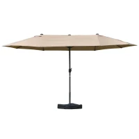 Outsunny 15' Outdoor Patio Umbrella with Twin Canopy Sunshade Steel Table Umbrella with Lift Crank, Cross base, Sandbag, Khaki(m-9)