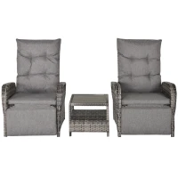 Outsunny 3 PC Rattan Wicker Conversation Patio Set with Side Coffee Table and Adjustable Backrest, Grey(m-1)