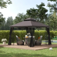 Outsunny 10'x10' Soft-top Patio Gazebo with Double Tier Roof, Mesh Curtains, Display Shelves, Top Hooks, Coffee(m-1)