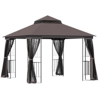 Outsunny 10'x10' Soft-top Patio Gazebo with Double Tier Roof, Mesh Curtains, Display Shelves, Top Hooks, Coffee(m-2)