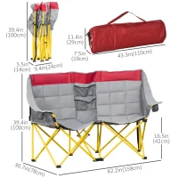 Outsunny 62" W Double Seat Camping Chair Folding Lawn Loveseat w/ Storage Pocket & Cup Holder Compact in a Bag for Outdoor, Beach, Picnic, Hiking, Travel, Red(m-3)