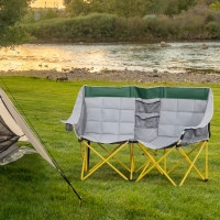 Outsunny 62" W Double Seat Camping Chair Folding Lawn Loveseat w/ Storage Pocket & Cup Holder Compact in a Bag for Outdoor, Beach, Picnic, Hiking, Travel, Green