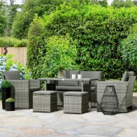 Outsunny Patio Dining Set, PE Rattan Furniture w/ 2 Chairs, Cushions & 3-Seat Sofa, Woodgrain Slatted Dinner Table, Mixed Gray(m-2)