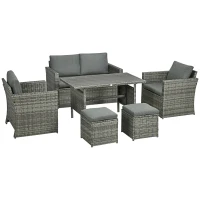 Outsunny Patio Dining Set, PE Rattan Furniture w/ 2 Chairs, Cushions & 3-Seat Sofa, Woodgrain Slatted Dinner Table, Mixed Gray(m-1)