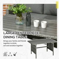 Outsunny Patio Dining Set, PE Rattan Furniture w/ 2 Chairs, Cushions & 3-Seat Sofa, Woodgrain Slatted Dinner Table, Mixed Gray(m-4)